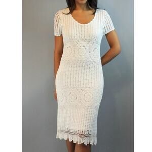Kroshetta by Papillon Crochet‎ Knit Dress Size M White Lace Open Weave Boho